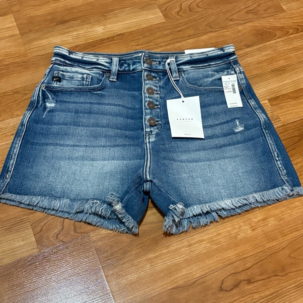 KanCan Blue Jean Shorts Women’s XL high rise button fly distressed frayed hem - Picture 4 of 15
